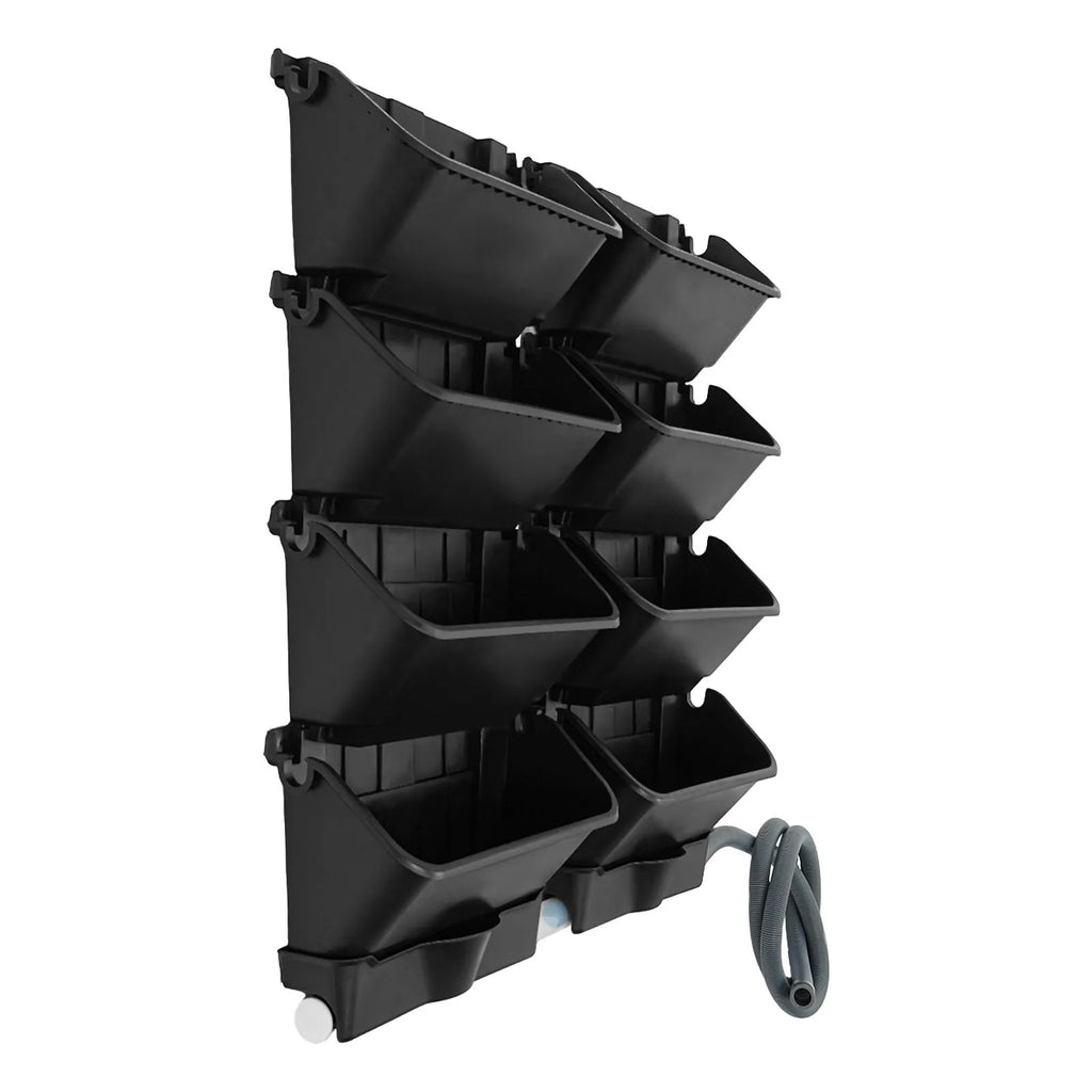 Vertical wall-mounted planter set in black plastic with attached corded hose
