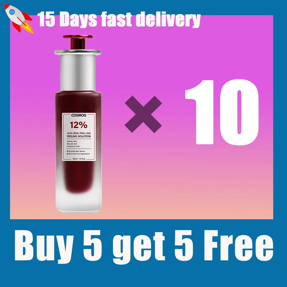 Cosros 12% exfoliating peeling solution in a tall, cylindrical bottle with a red pump top against a pink background.