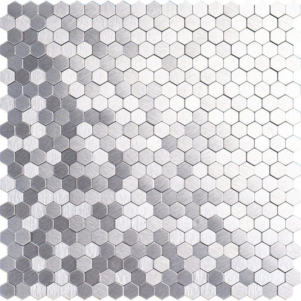 Hexagon metal mosaic tile sheet, silver-gray stainless steel finish