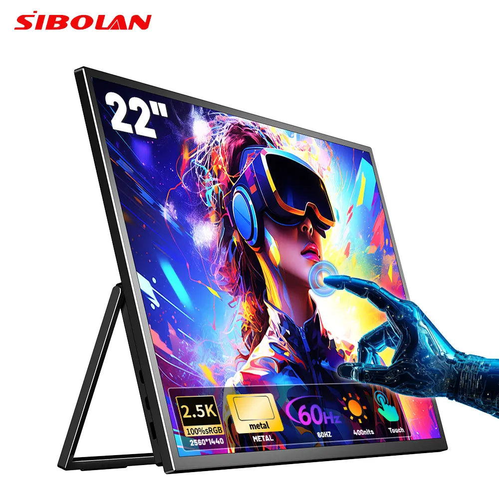 Sibolan 22" 2.5K Touchscreen Portable Monitor Metal Body 100% SRGB 400 Nit HDMI USB-C Plug Laptop Display Extender For Wins Mac