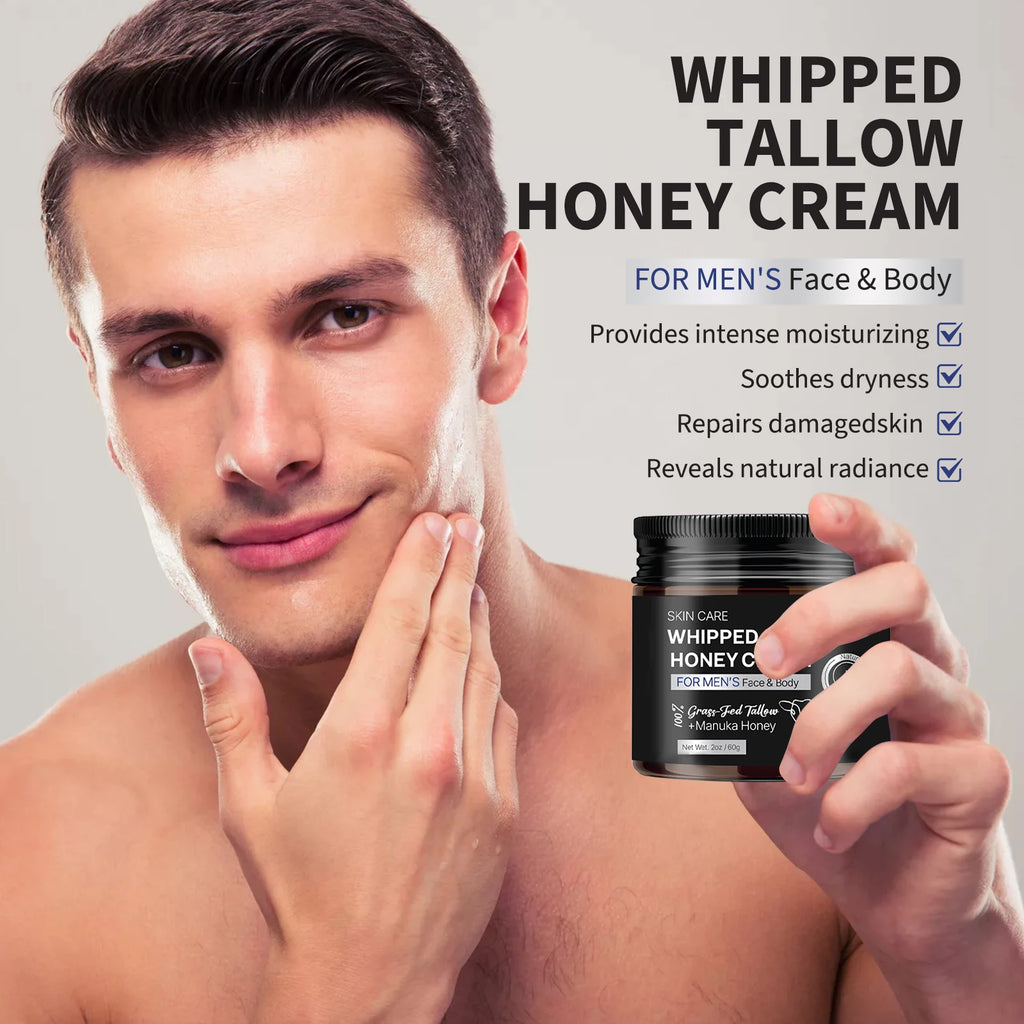 Men's Whipped Tallow Honey Cream 60g - Tallow & Manuka Honey, Non-Greasy Moisturizing Face & Body Balm for Dry Skin Care.