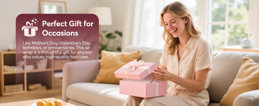 Woman unboxing pink 5-in-1 air wrap hair styler and dryer gift set for professional styling at home.