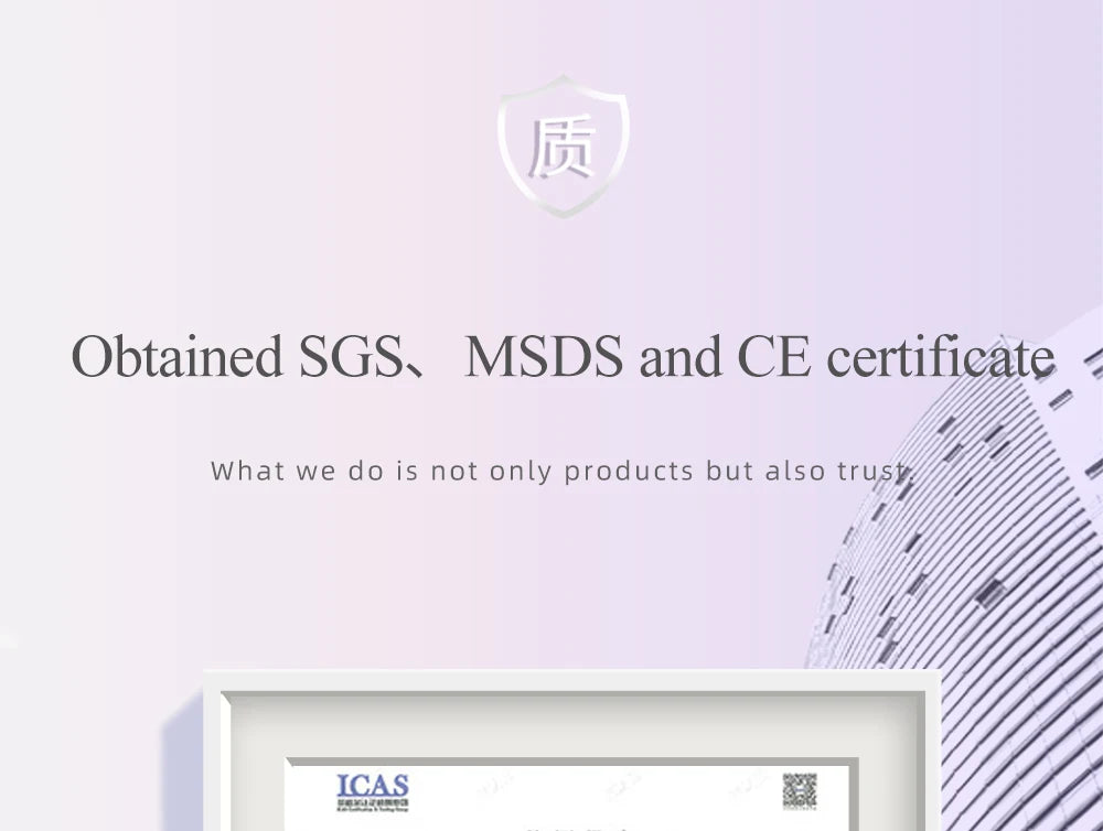 Light purple background graphic showing SGS, MSDS, and CE certification for Nagaraku YY eyelash extensions.