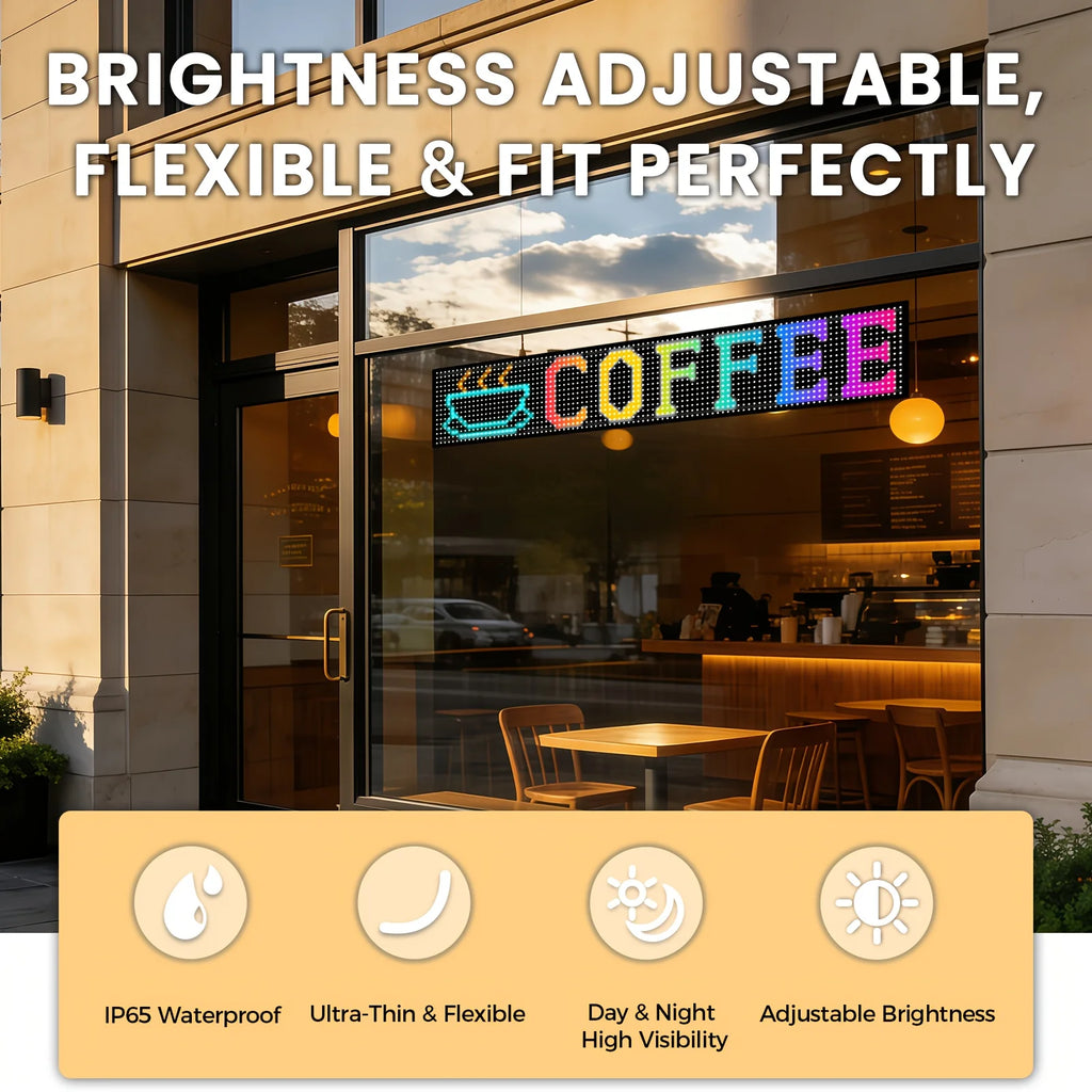Smart LED scrolling display screen, supports Bluetooth app control, allows for customization of text, graphics, and animations, is USB-powered for easy installation, and is suitable for digital signage in stores, trucks, food