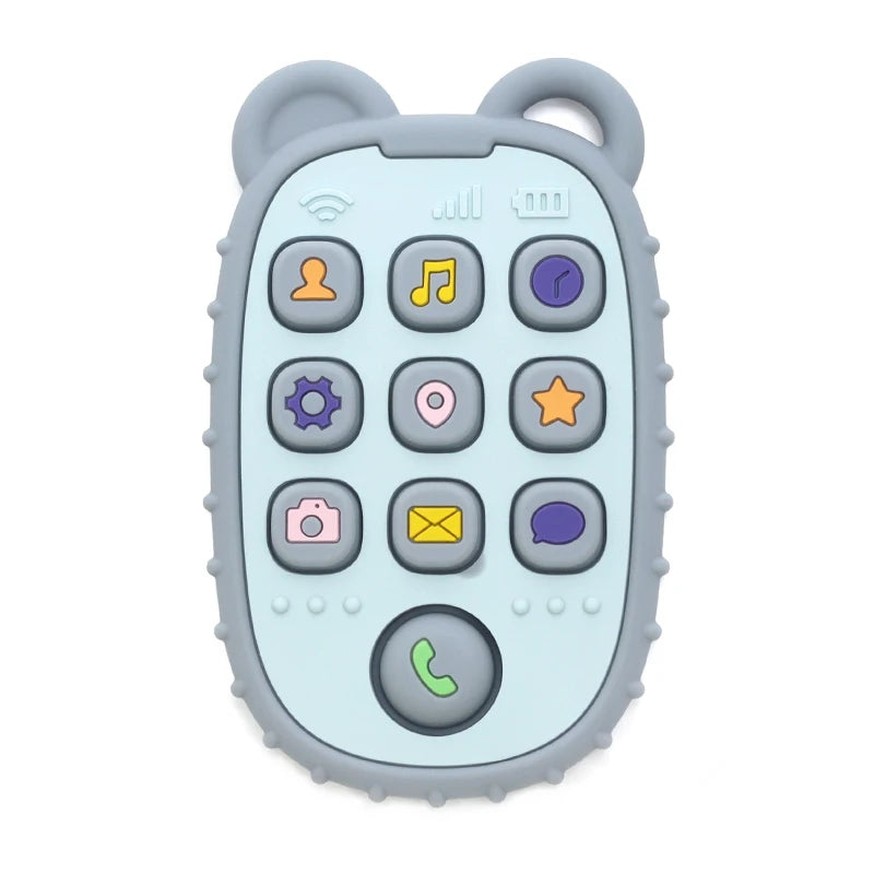 Gray silicone baby teething toy shaped like a phone for soothing sore gums.