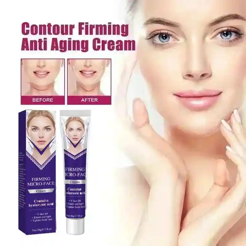 Anti-aging facial cream in a purple and white 20g squeeze tube and box, featuring before-and-after skin improvement.