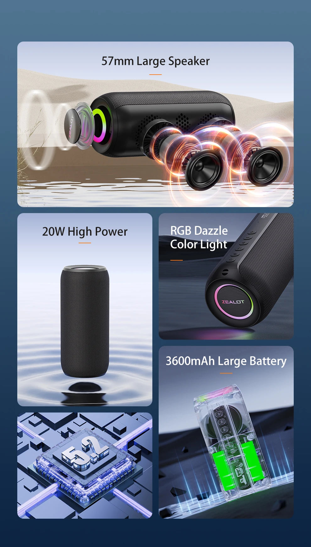 Zealot S32 MAX Outdoor Portable Subwoofer Wireless Speaker,Waterproof IPX 5,Dual Pairing, 3600mAh Battery.