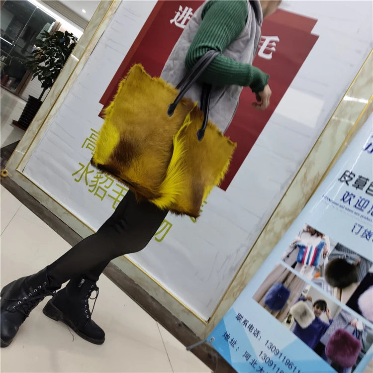 Tote Bag Women's Wool Cashmere Turf Leather Handle Contrast Color Handbag 2025 Luxury Brand High-end Large Capacity Shoulder Bag