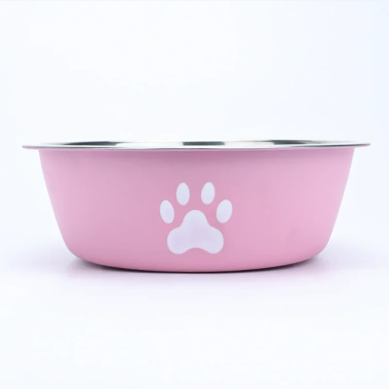 Large pink stainless steel dog bowl with paw print, anti-slip and rust-resistant, perfect for puppy food or water.