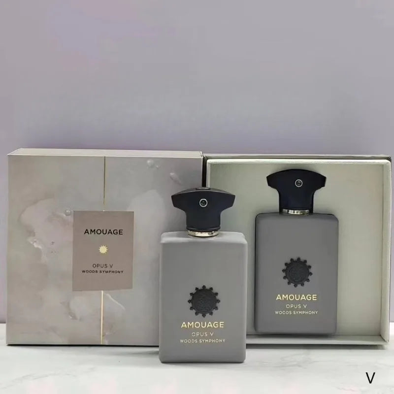 Amouage Opus V Woods Symphony Eau de Parfum: grey rectangular bottle, unisex woody floral fragrance set in luxury box.