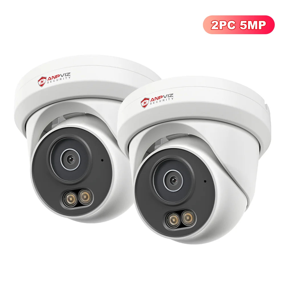 Set of two white turret IP security cameras with lens and dual IR LEDs, 5MP