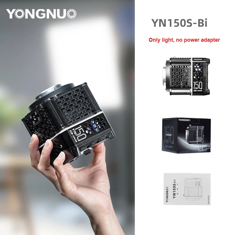 YN150S-Bi portable black LED video light with a metal honeycomb heat sink housing, held in a hand. No power adapter.