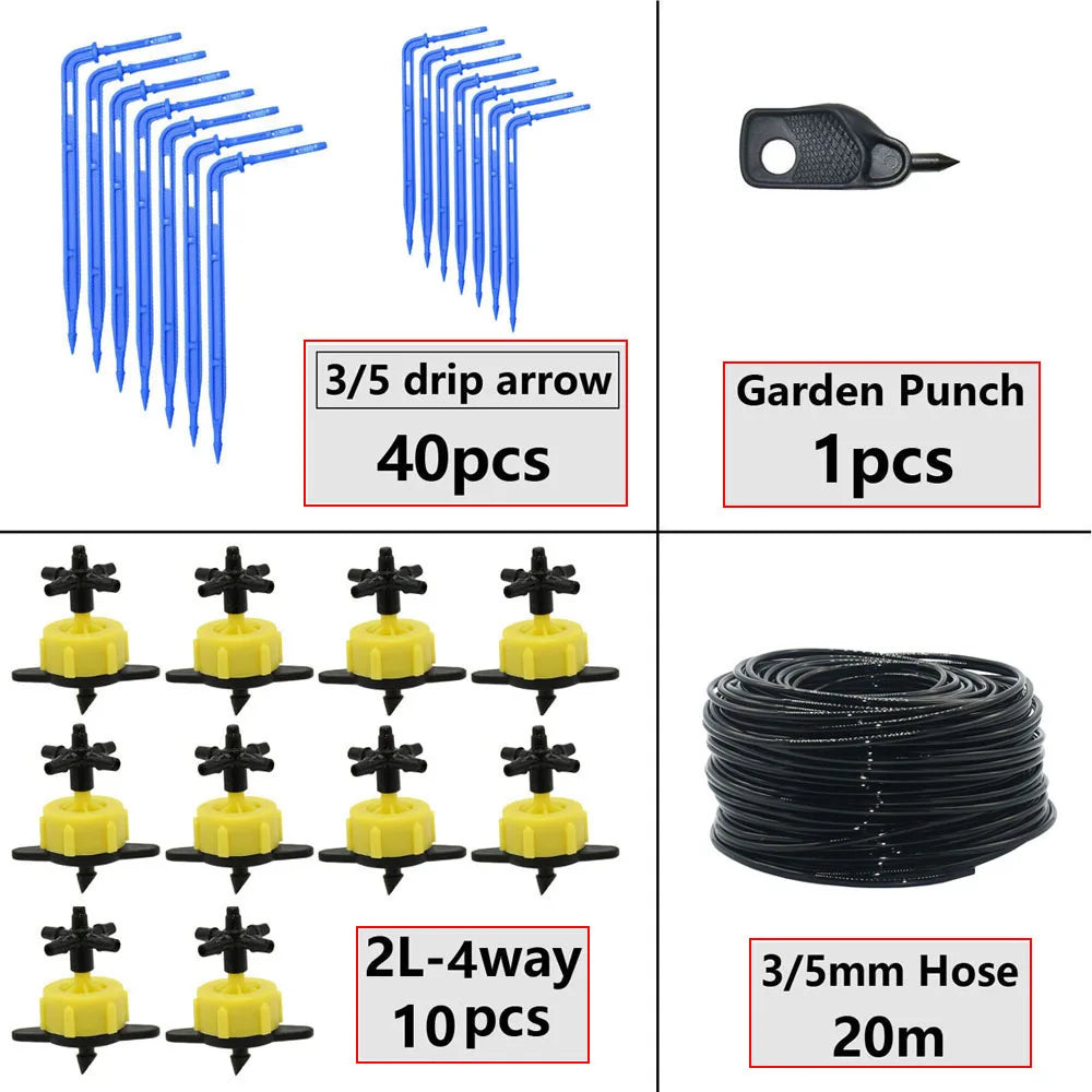 Greenhouse Potted Curved Arrow Dropper Micro Drip System 2L4L8L Pressure Compensation Dripper 3/5mm 2/4-way Irrigation Kit