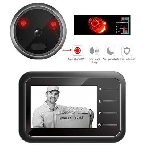 Video peephole doorbell camera kit with round lens unit and front monitor screen