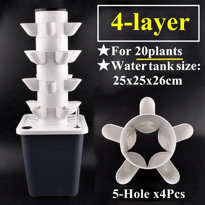Vertical hydroponic planter tower kit with 4 layers and 5 planting holes, white