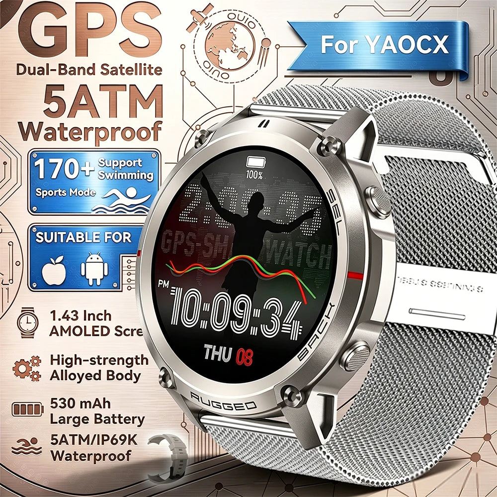 2026 New Outdoor GPS Smart Watch Map Compass Navigation 5ATM Waterproof Bluetooth Call 100+Sport Mode Men AMOLED HD Smart Watch