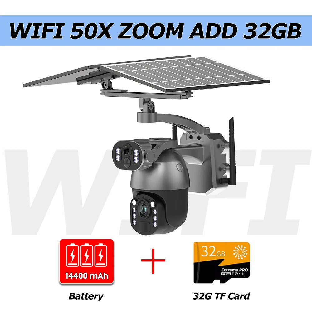 WiFi solar PTZ security camera with dual lenses, 50X zoom, 32GB included, dark gray body