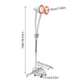 275W double-head infrared heat lamp for pain relief with adjustable stand, remote control, and dimensions label.