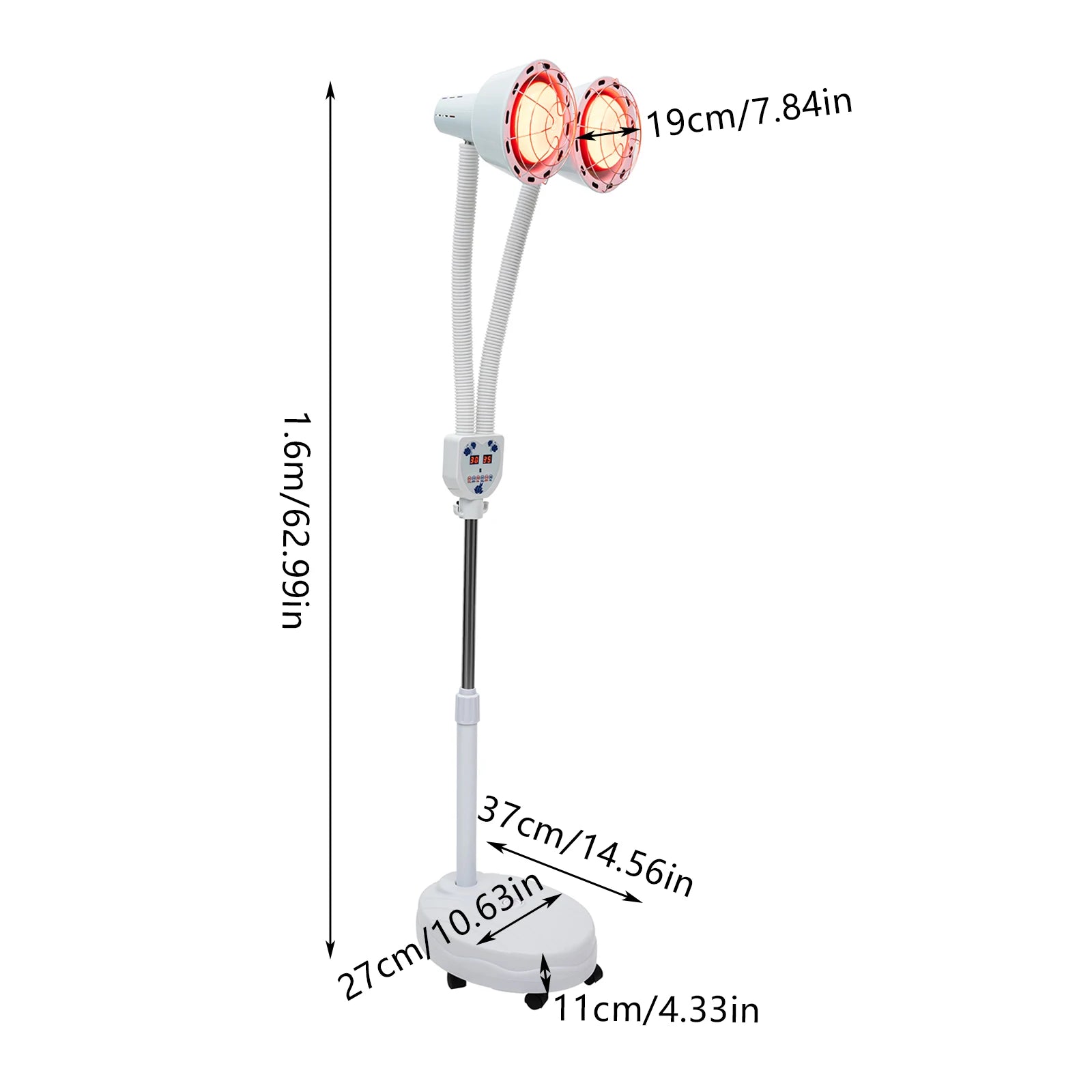 275W double-head infrared heat lamp for pain relief with adjustable stand, remote control, and dimensions label.