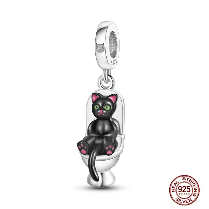 Real 925 sterling silver black cat on toilet pendant charm for DIY jewelry bracelets. Cute pet gift accessory.