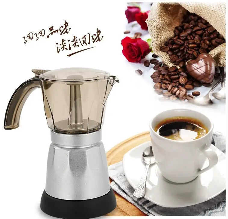 Silver and brown moka pot espresso maker with transparent top, aluminum base, and coffee beans on background.