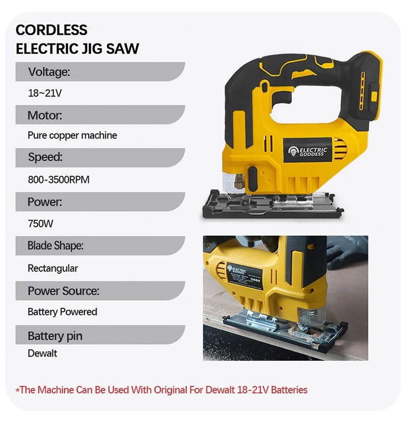 Cordless Jigsaw 3500RPM Electric Saw 45 Degree Cutting Angle Jigsaw Woodworking Tools For Dewalt 20V Battery Pin
