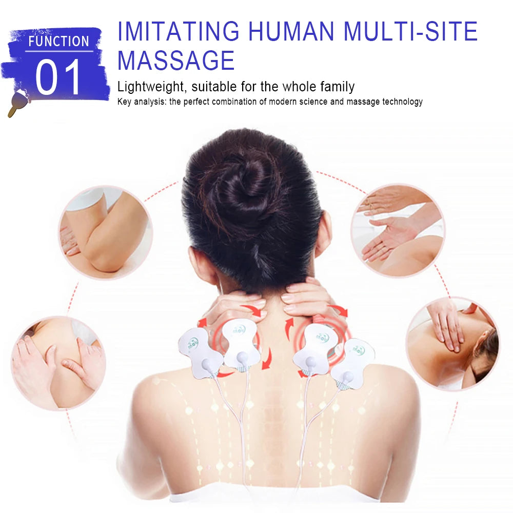 Dual channel TENS EMS pulse massager with white electrode pads on a woman's neck for muscle pain relief and therapy.