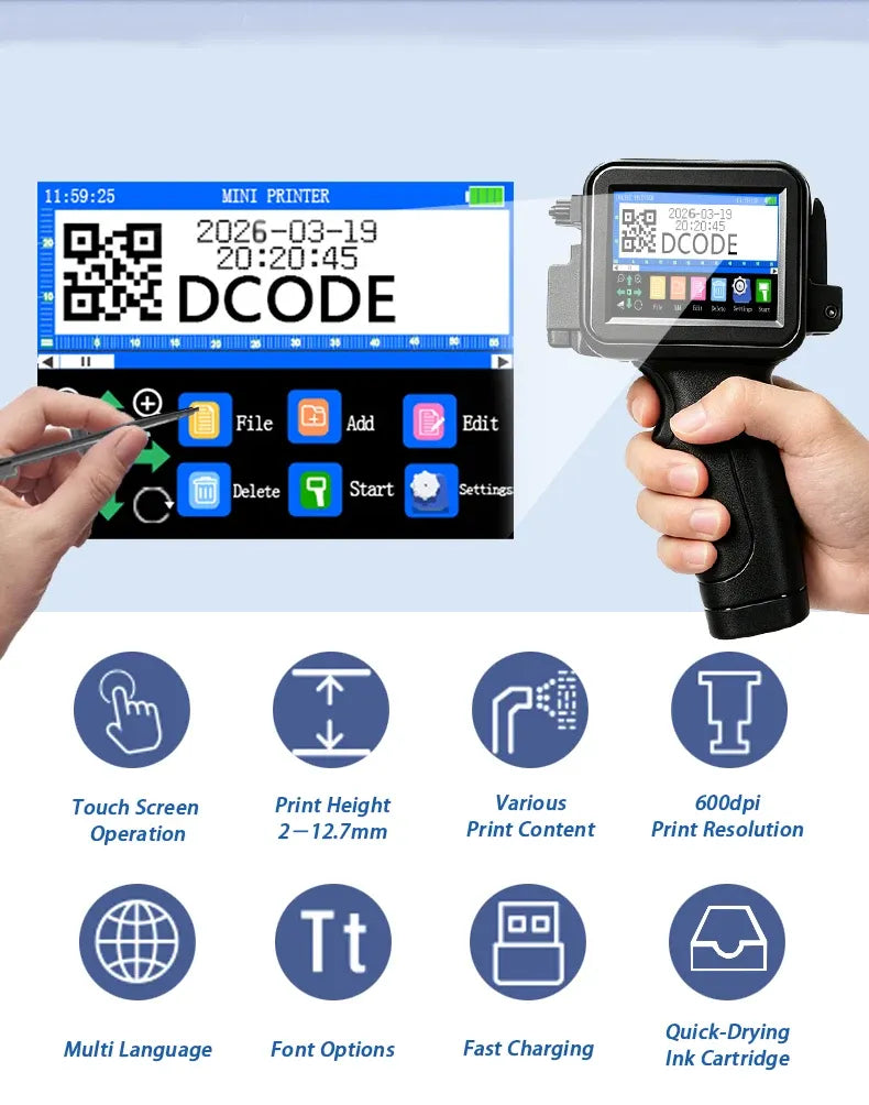 DCODE XTMINI 12.7mm Handheld Inkjet Printer Portable Printers Text QR Barcode Batch Number Logo Image Date Printing Machine