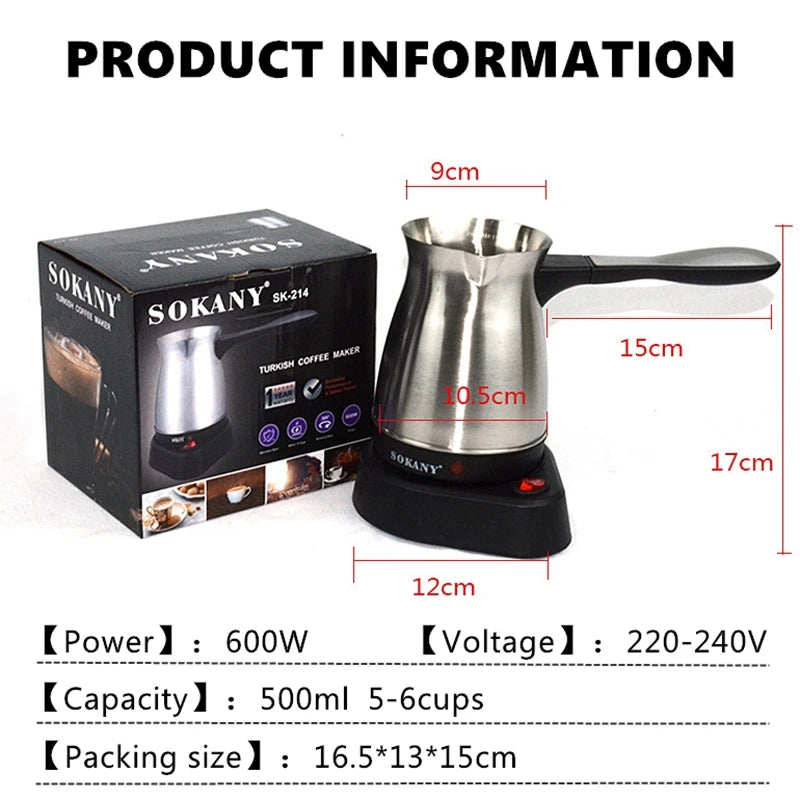 Sokany SK-214 stainless steel electric Turkish coffee maker, 500ml 6-cup capacity, 600W power, with product box.