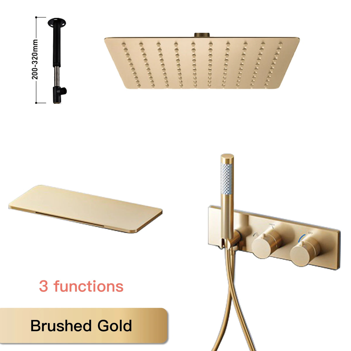 Brushed gold thermostatic 3-function ceiling shower set with square rain head and mixer
