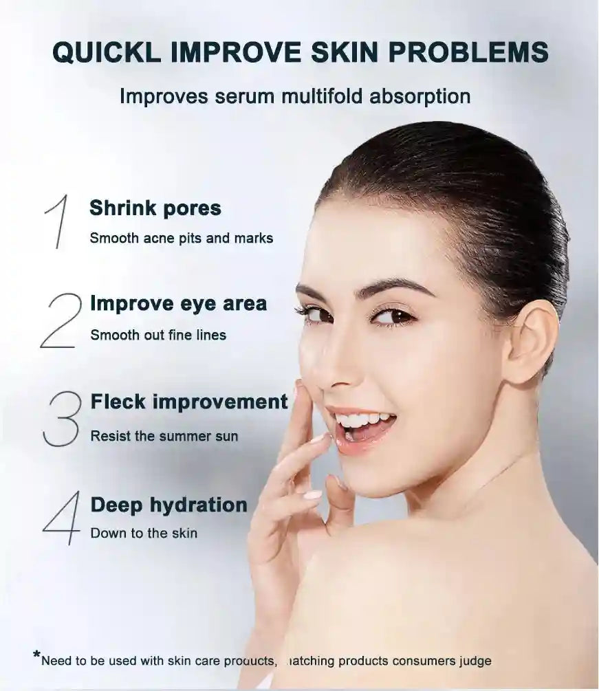 Smiling woman touching her face next to a list of four skin benefits for a multifunction nano water light gun device.