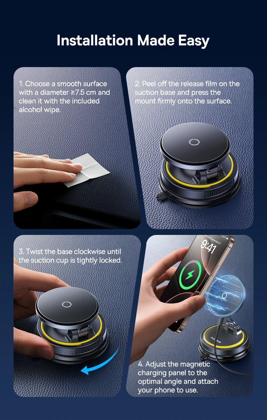 Magnetic Car Phone Holder & Qi Certified Fast Wireless Charger - Silver Tidesmit