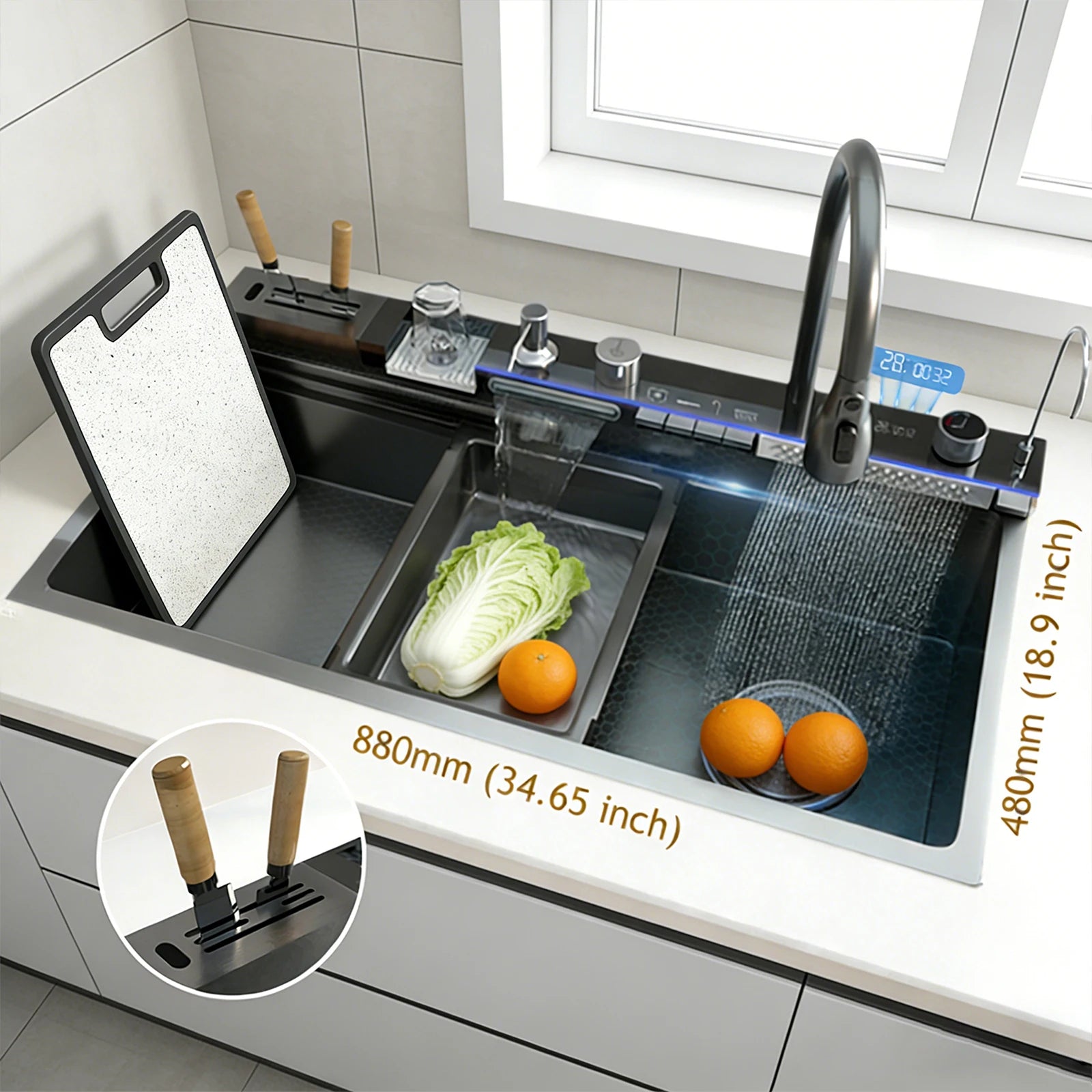 Stainless Steel Kitchen Sink Large Single Slot Multifunctional Waterfall Digital Display Faucet Wash Dish Bowl Undermount Basin