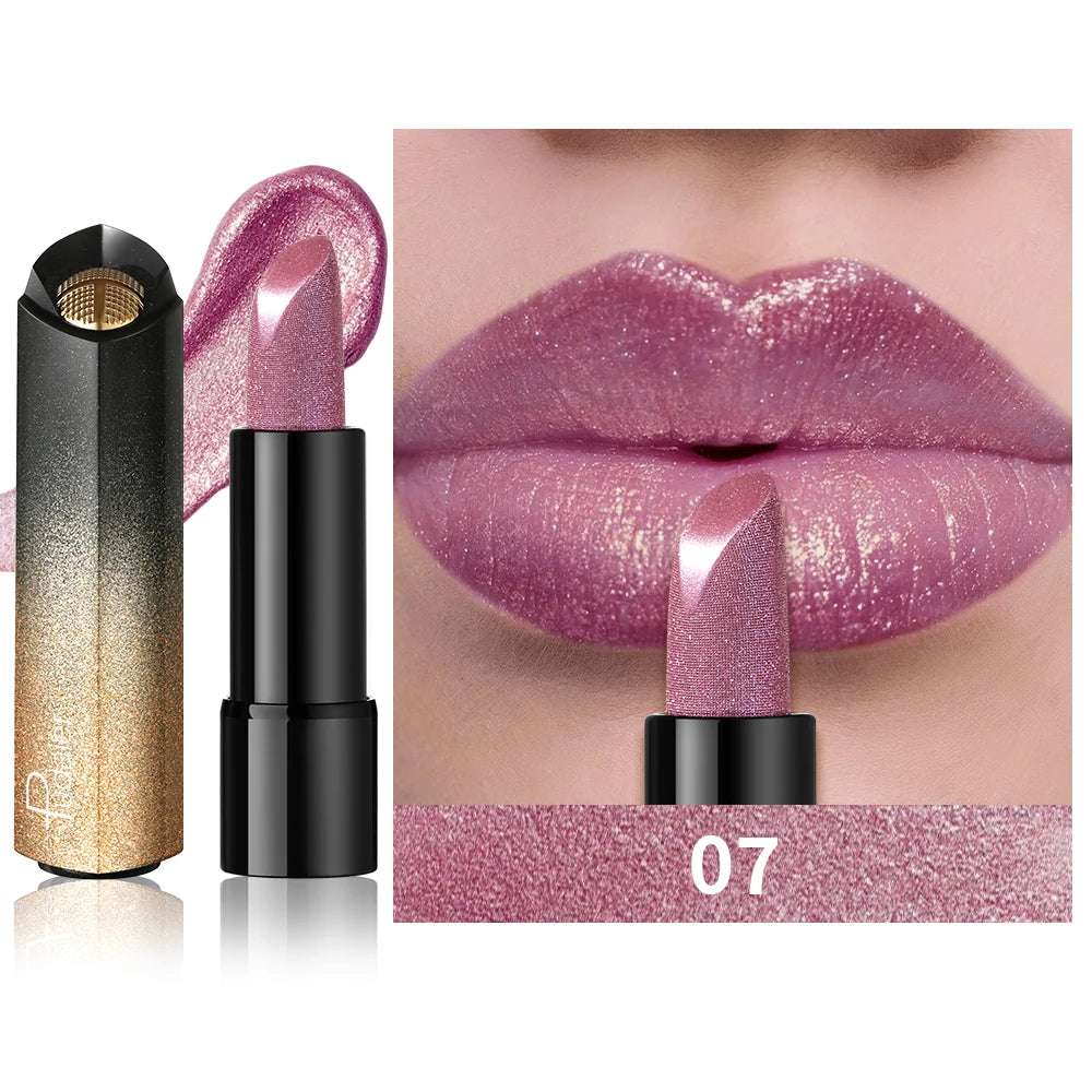 Pearly metallic lipstick in shade 07 with a creamy, glitter shimmer finish and high color payoff on lips.