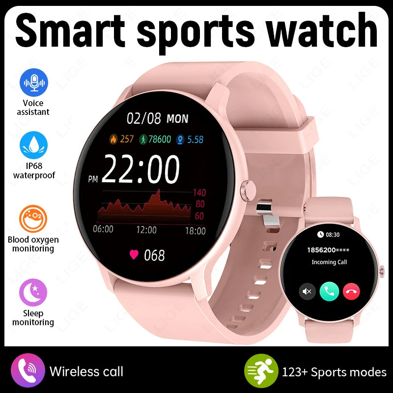 Pink smartwatch with round display showing fitness stats, silicone strap