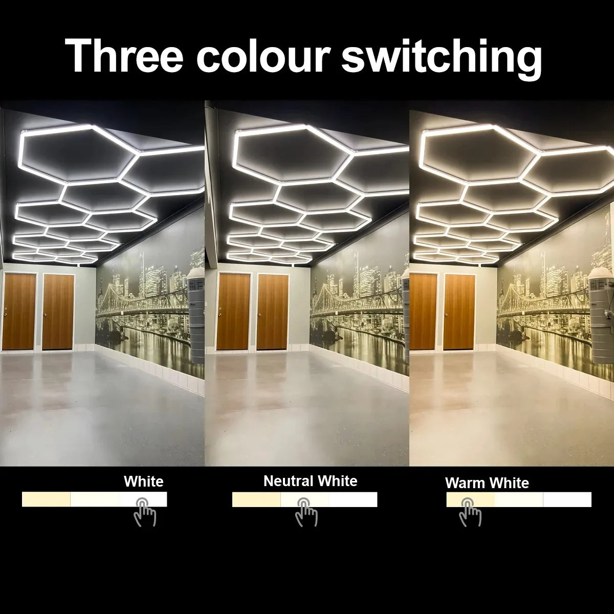 Three-color hexagon honeycomb LED ceiling light panels showing white, neutral, warm glow