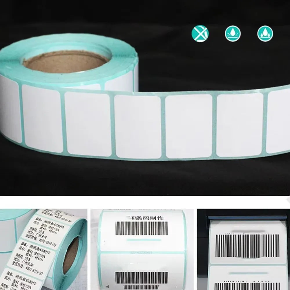 Thermal label sticker roll with blank white labels and teal borders on a continuous strip
