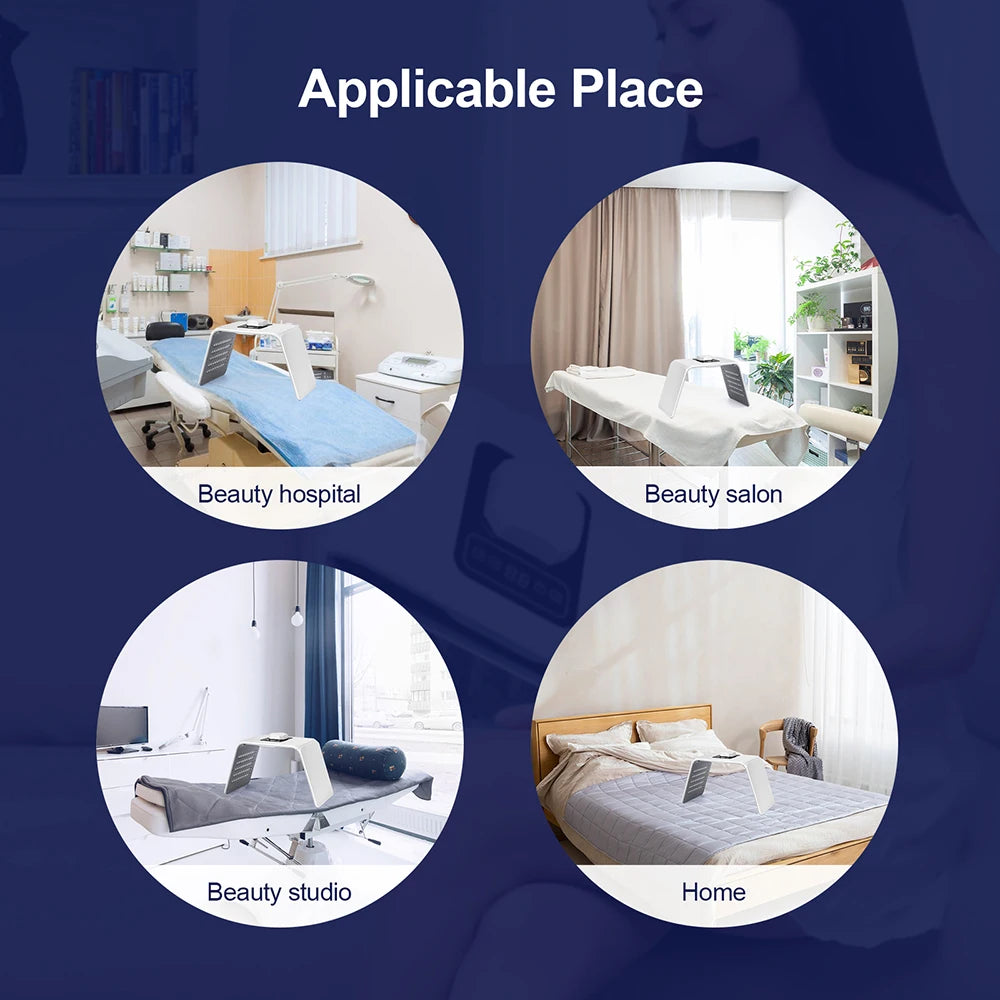 Collage showing a white, arched PDT LED light therapy machine used in clinics, salons, and home settings.