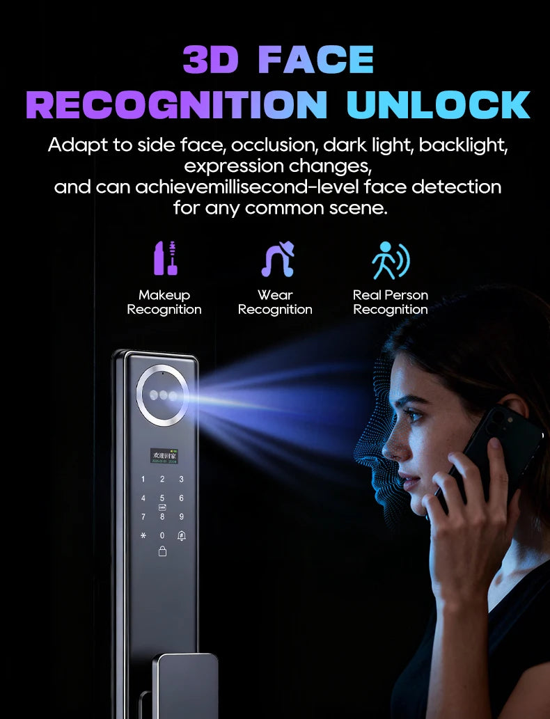 Tuya APP 3D Face Recognition Unlock Digital Door Lock With Camera FIngerprint Password Unlock Keyless Electronic Door Lock
