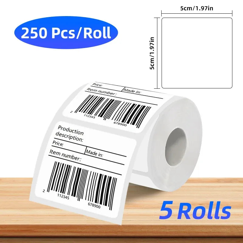 White coreless thermal label roll with barcodes and fields, self-adhesive, 250 pcs/roll