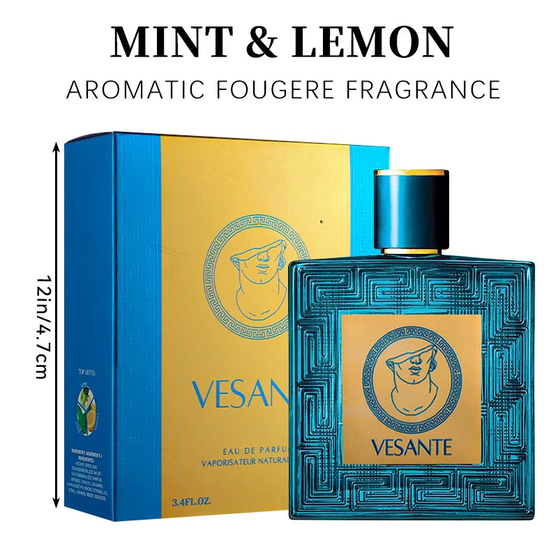 Vesante Vintage Heros 3.4oz men's EDT: Aromatic fougere with mint and lemon notes in a square Greek-key glass bottle.