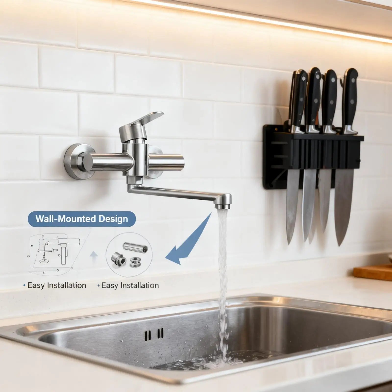 Silver Wall-Mounted Stainless Steel Rotatable Kitchen Faucet 360° Single Handle Hot and Cold Water Faucet For Both Homes Etc