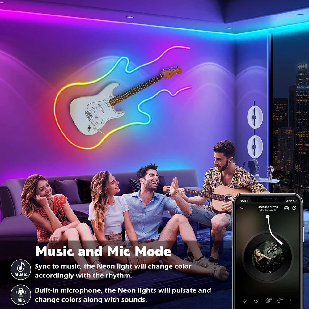 RGB neon rope lights installed as a glowing guitar outline in a living room