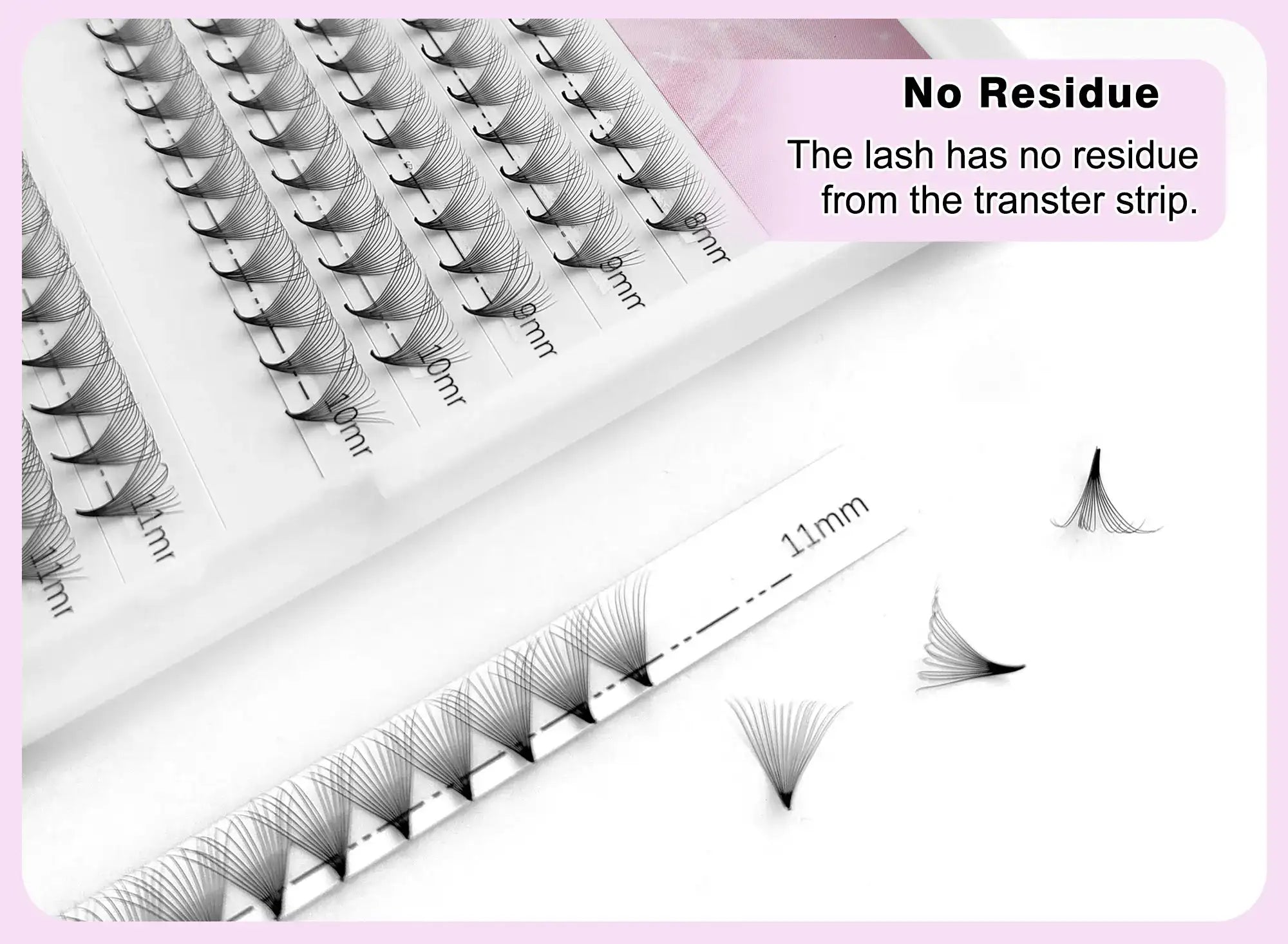 Black pre-made volume eyelash fan extensions on adhesive strips, ranging from 8mm to 11mm for professional application.