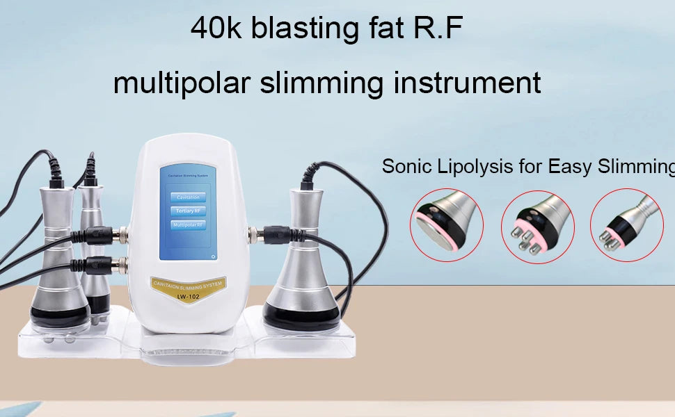 White BEEMY ultrasonic cavitation and RF slimming machine with multiple silver wands and a blue digital display.