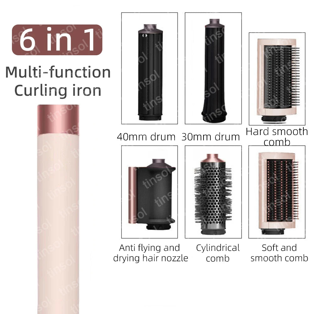 6-in-1 high-speed ionic hair dryer set in rose gold with curling iron, smoothing, and volumizing styling attachments.