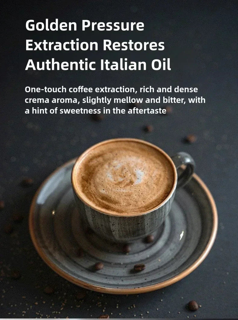 Cup of espresso with thick crema in a rustic, textured grey ceramic cup and matching saucer on a dark surface.