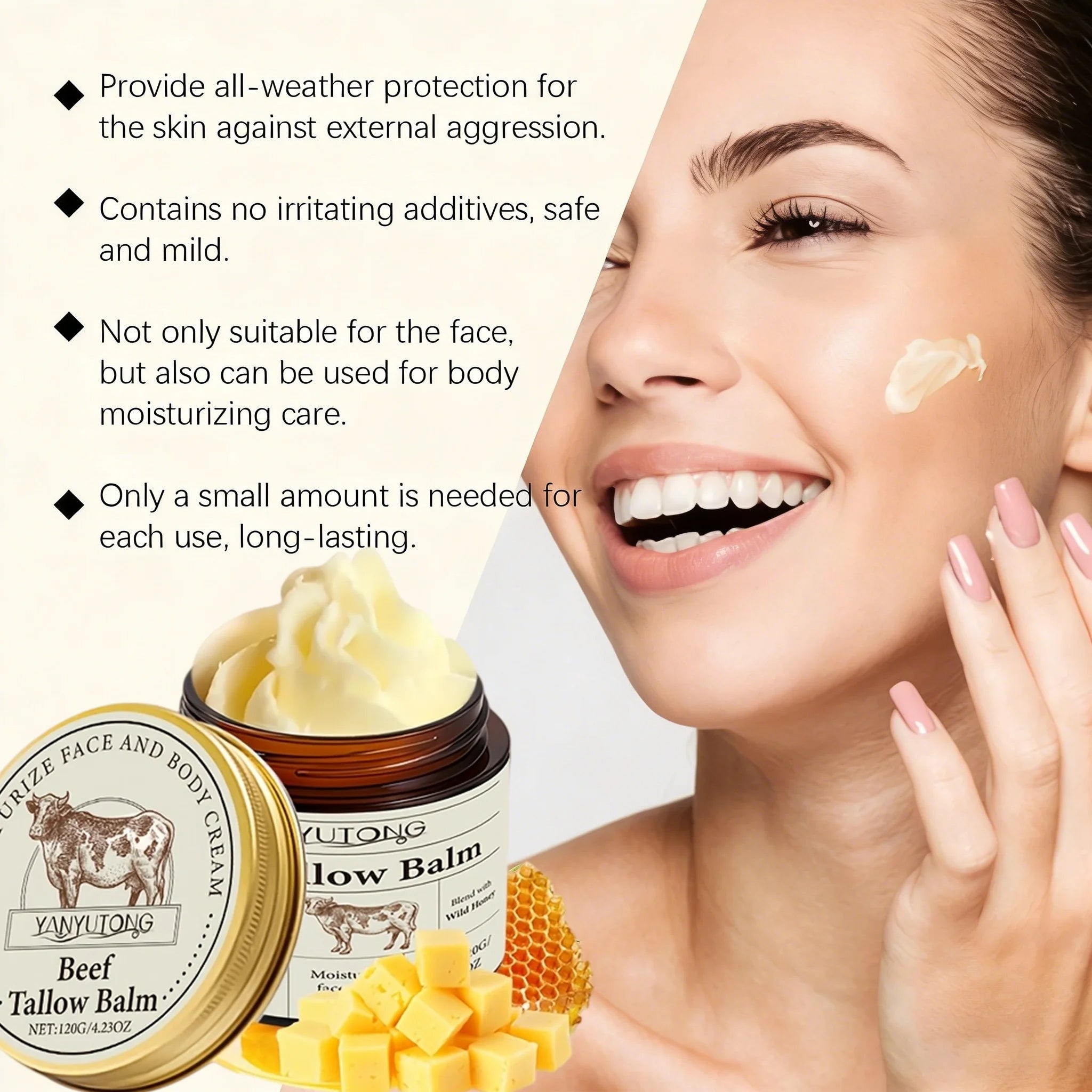 Beef Tallow Honey Balm Moisturizing Hydrating Face Cream Body Lotion Fades Fine Lines Tighten Soothen Brightening Facial Skin