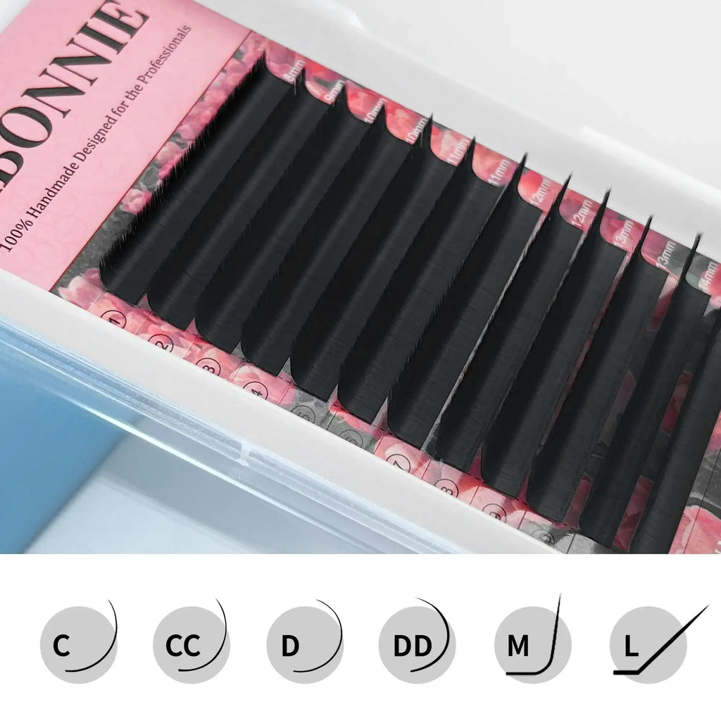 Tray of matte black Abonnie cashmere volume lash extension strips with varying lengths and curl type icons.