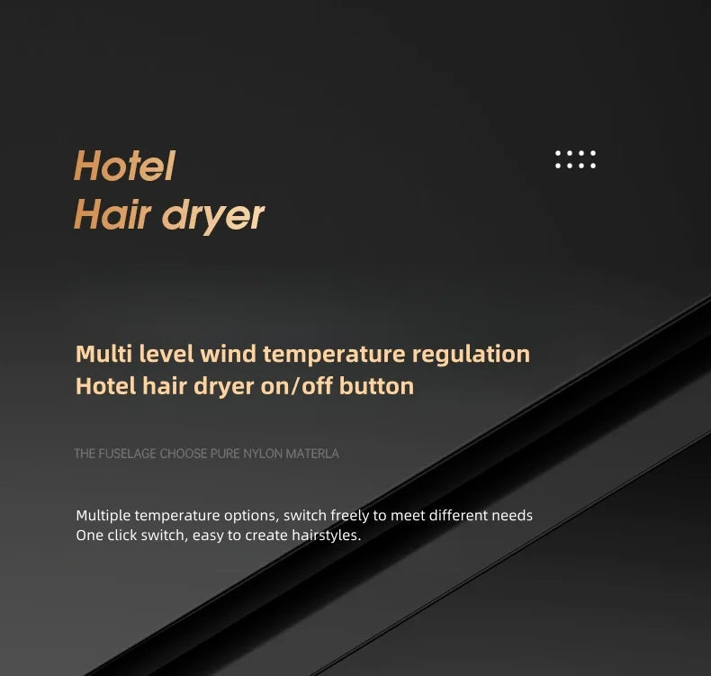 Wall-mounted hotel hair dryer, 220V, high power, matte black finish with multi-level temperature control and safety switch.